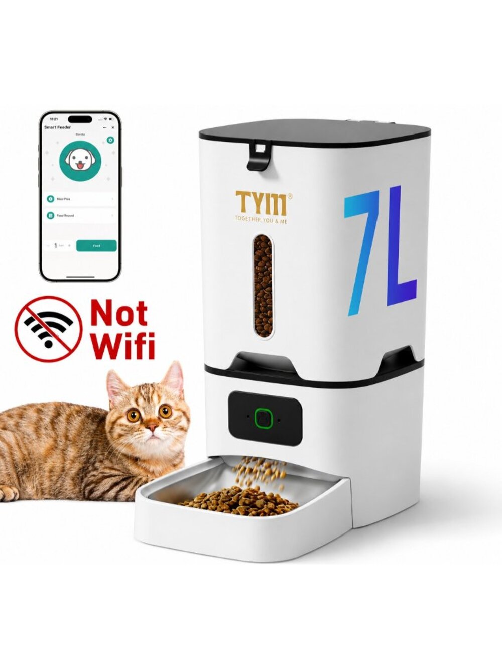 TYM Automatic Cat Feeder, 7L Time Cat Food Dispenser for Dry Food, APP Control P